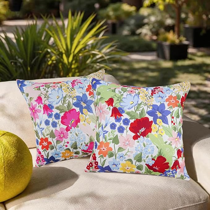 Adabana Spring Outdoor Waterproof Floral Pillow Covers Set of 2 Square Colorful Couch Cushion Cases 18x18 Inch Waterproof Decorative Pillows for Patio Garden Beach,Pink