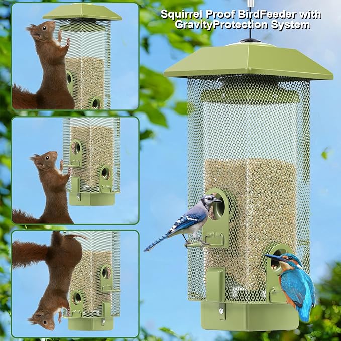 Bird Feeders Squirrel Proof with Weight Activated Perches, Metal Mesh Bird Feeder for Outdoors,Cardinal Hanging Wild Bird Feeder 2.2lbs Seed Capacity for Finch Chickadee Sparrow...