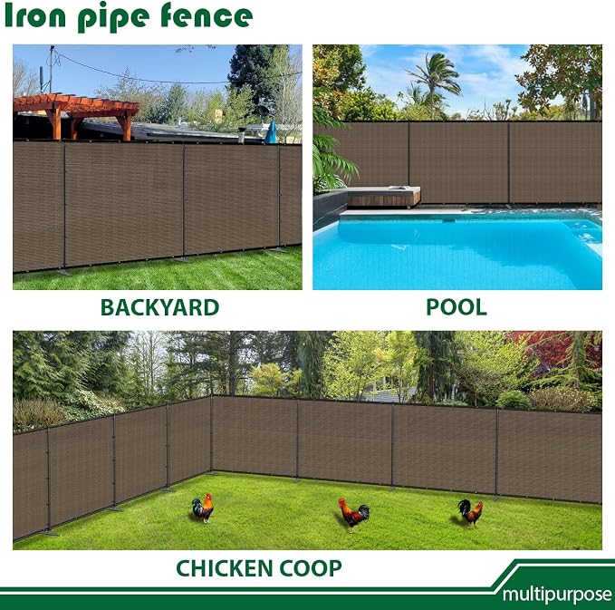 5'Hx108'W Outdoor Freestanding Privacy Screen Fence Panels with Iron Poles, Mesh Shade Net Cover Temporary Fencing for Patio Backyard Garden Deck, Brown