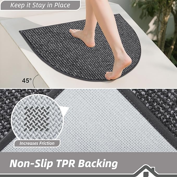 BEQHAUSE Dirt Trapper Door Mat 17" x 30" Half Circle Non-Slip Washable Doormats Entrance Rugs Absorbent Welcome Low Profile Floor Mats for Front Back Door and Entryway, Charcoal