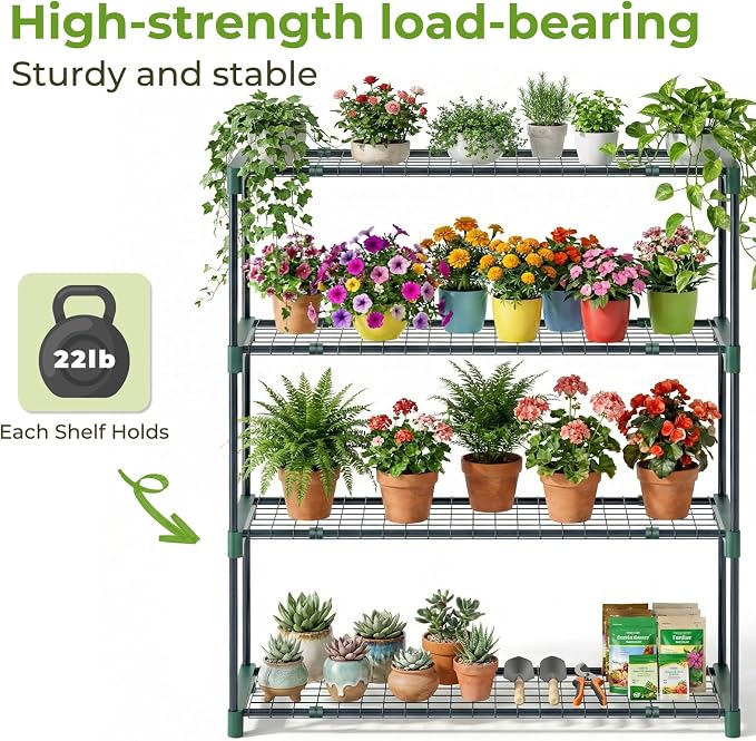 Ohuhu Plant Greenhouse Shelves 4 Tier 2 Pack Extra-Wide Stable Green House Shelving for Outdoor, 35x12x42 Inch Portable Rustproof Metal Shelf Plant Stand Rack Greenhouse Accessories