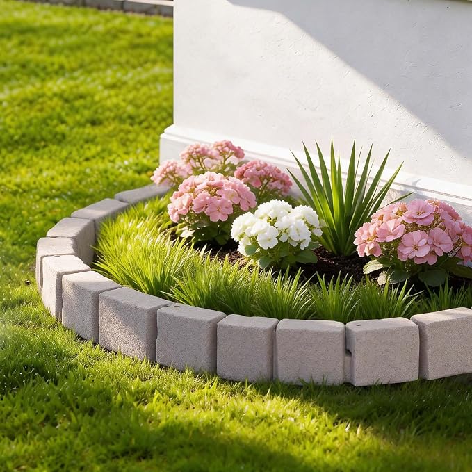 VEVOR Faux Stone Landscape Edging, 15.5 ft Kit, No Dig Garden Edging Border, Blocks for Lawn, Flower Beds, Yards, 4 Pack Each Section Has 6 Bricks 46.85"L x 3.94"W x 6.1"H, 9 Spikes & End Cap, Beige