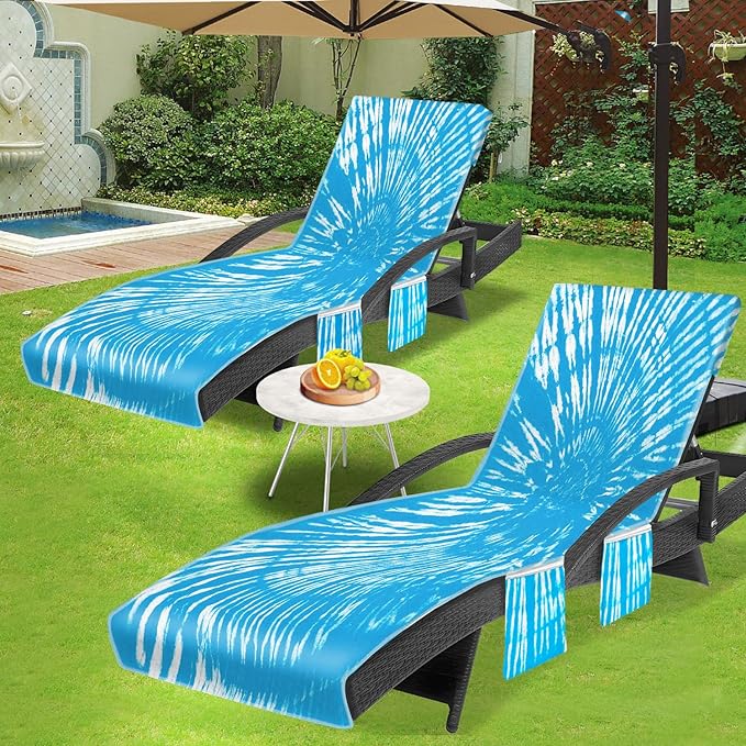 Lounge Chair Towel Cover (Pack of 2), Tie Dye Style Chaise Lounge Cover, Beach Chair Covers with Pockets for Pool Beach Garden Courtyard Outdoor Trips, 85 x30 in, Sky Blue