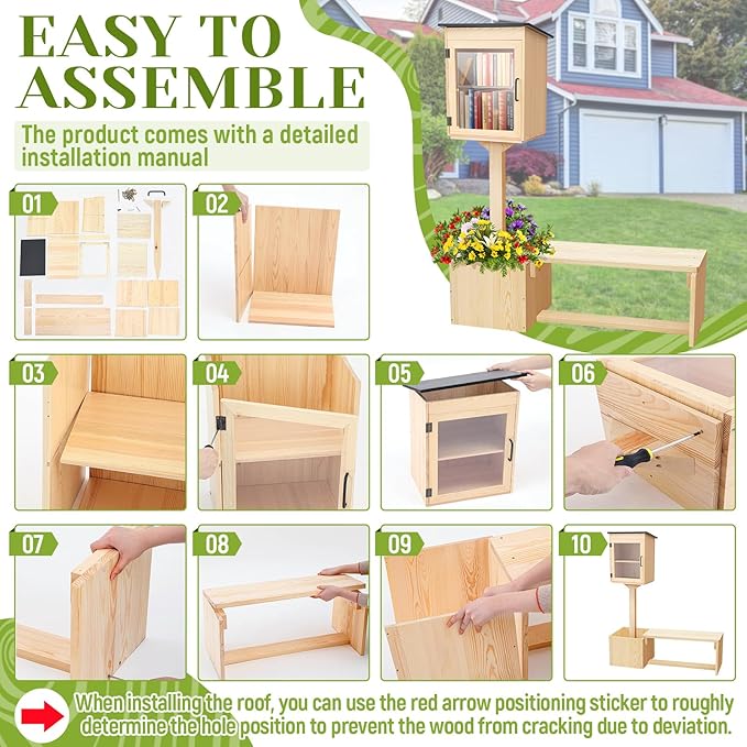 Wonderjune Little Library Box Outdoor with Bench Set, Durable Weatherproof Solid Wood Exchange Box with Floor Plugs and Flower Fence for Neighborhoods, Community, School(Wood)