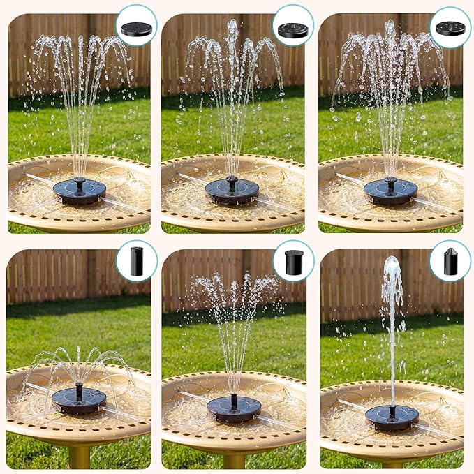 AMZtime Solar Fountain for Bird Bath, 2026 Upgrade Solar Water Fountain with 6 Nozzles & 4 Fixed Rods, Solar Bird Bath Fountains for Garden, Outdoor, Pool, Pond, Fish Tank and Patio