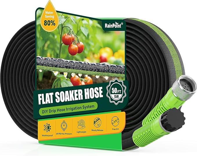 RAINPOINT 50FT Flat Soaker Hose, Flexible & Leakproof Drip Hose with Anodized Aluminum Fittings, Double Layer 80% Water-Saving Gardening Irrigation Hose, Green