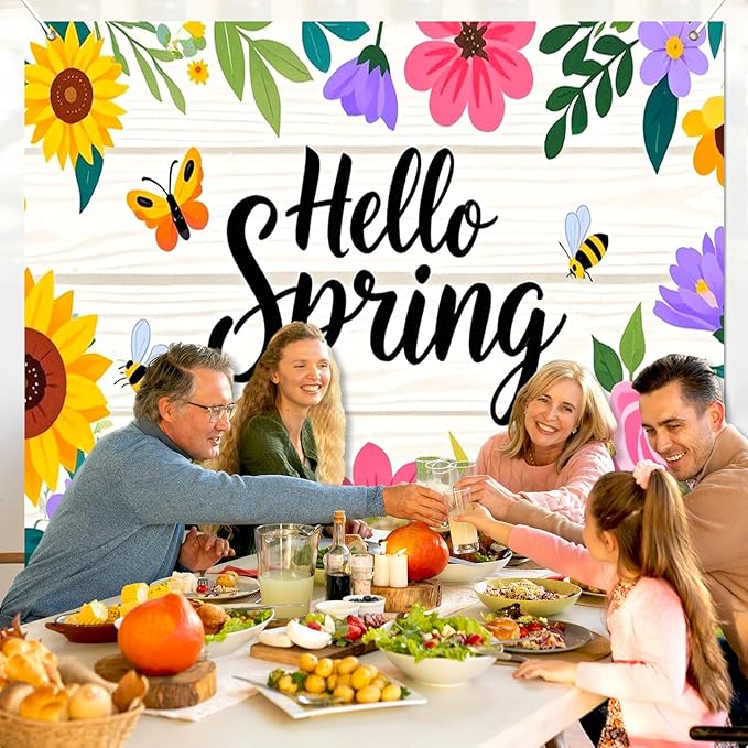 BlissYard Hello Spring Backdrop Decoration Floral Garden Banner 8x6ft Spring Photo Backdrop Flower Background for Spring Party Easter Celebration Photo Booth Kids Event Wall Display