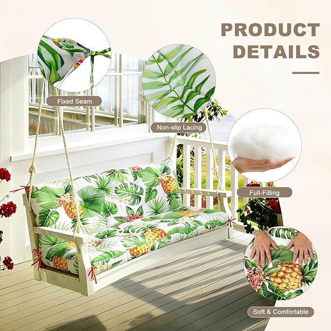 Porch Swing Cushion with Backrest,Waterproof Bench Cushion for Outdoor Furniture,2-3 Seater Replacement Thickened Swing Cushion with Ties,Patio,Outdoor,Backyard and Garden (Tropical Pineapple,47x40")
