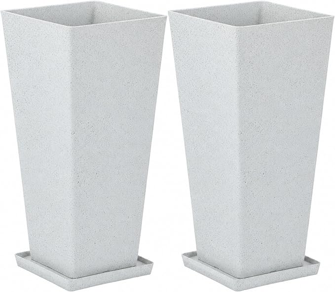 28" Tall Planters for Indoor Outdoor Plants, Set of 2 Large Tapered Flower Pots, Modern Plant Containers for Patio, Garden, Porch, Balcony or Home Decor, White Terrazzo, Durable & UV-Resistant
