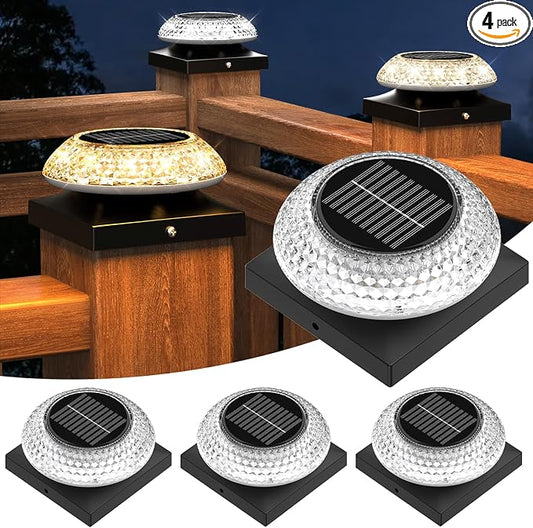 4x4 Solar Post Cap Lights 4 Pack: Fence Post Solar Lights with 3 Lighting Modes & Round Lampshade - Waterproof Outdoor Deck Post Light for Garden/Patio/Porch(Black)
