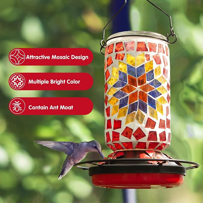 Glass Hummingbird Feeder, Red Hummingbird Feeders for Outdoors Hanging, 19 Ounces, Mosaic Flower Bottle Easy to Clean, 5 Feeding Ports, Ant Moat Included