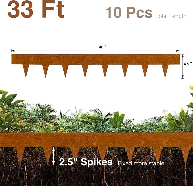 10-Pack Corten Steel Landscape Lawn Edging 4.5 inch Height, Rust Patina Finish Bendable Metal Strips, Hammer-in Edge Border - Yard Pathway Divider, 40 inch Each(33Ft Total), #LYLB45RT-US2