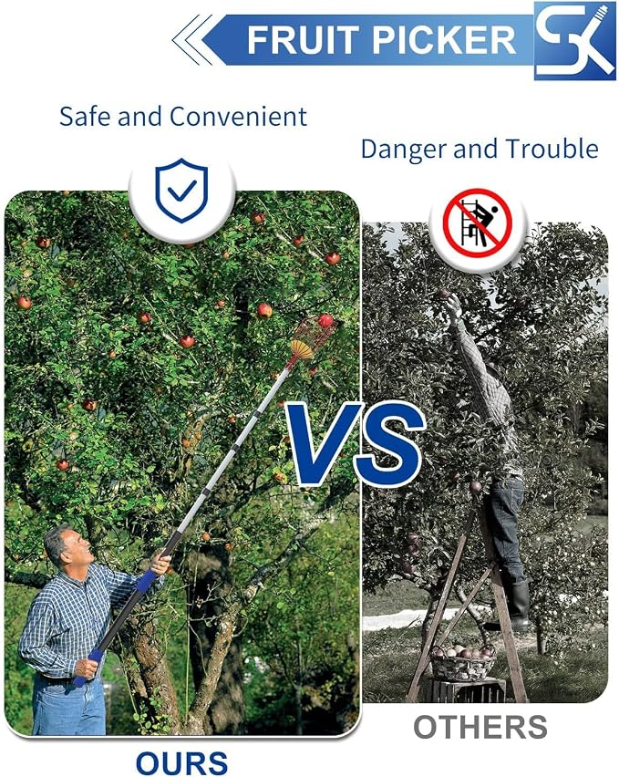 26FT Reach Fruit Picker, 5-20 Foot Sturdy Aluminum Telescoping Fruit Picker Extension Pole with Metal Twist-on Basket, Suit for Apple Pear Lemon Mango Guava Orange Avocados Tree Fruit Picking