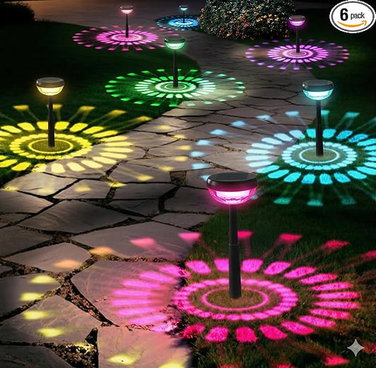Ensenior Solar Pathway Lights IP65 Waterproof, RGB Color Changing & 6500K Cool White, 8-16Hr Runtime, Flower Pattern Garden Lights for Walkway Porch Yard - 6 Pack