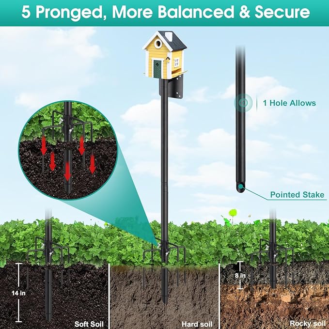 Bird House Pole,102 Inch Heavy Duty Bird Feeder Pole Mount Kit for Outdoors, 5-Prong Base, Splicing Adjustable Feeding Stand Station for Birds Watching,Weather Station (Birds House Not Included)