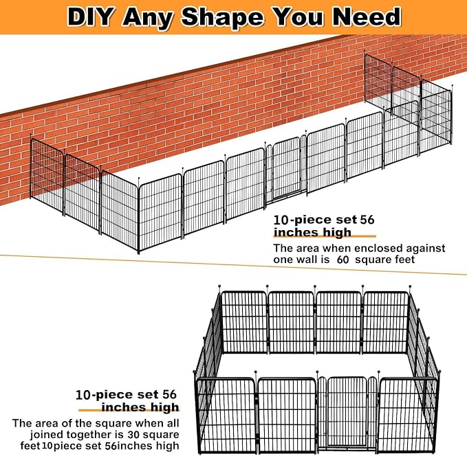 Getlay 56in(H) Garden Fence, 10 Panels Total 22.1 Ft(L), Garden Fence with Low Threshold Gate, Anti Dig Fence Barrier, Fencing for Garden Beds, Black Metal Decorative Garden Fencing
