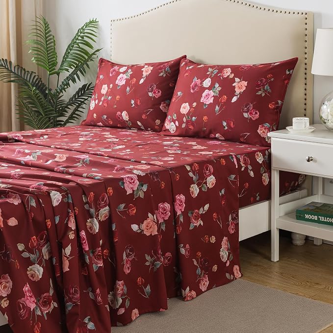 FADFAY Red Rose Sheets Cal King Vintage Rose Floral Bedding Chic Rose Flower Sheets Shabby Farmhouse Bedding 100% Egyptian Cotton 800 Thread Count Deep Pocket Fitted Sheet 4Pcs, California King Size