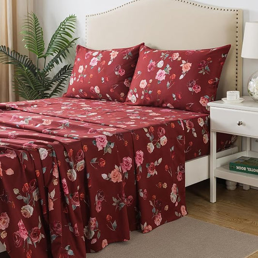 FADFAY Red Rose Sheets Cal King Vintage Rose Floral Bedding Chic Rose Flower Sheets Shabby Farmhouse Bedding 100% Egyptian Cotton 800 Thread Count Deep Pocket Fitted Sheet 4Pcs, California King Size