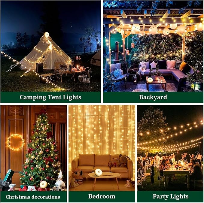 2PCS Camping String Lights 33ft, 4 in 1 Rechargeable 100LED Outdoor Tent String Lights with 14 Lighting Modes Remote Control Waterproof with Timer Function for Camping Gear Essentials Hiking Garden