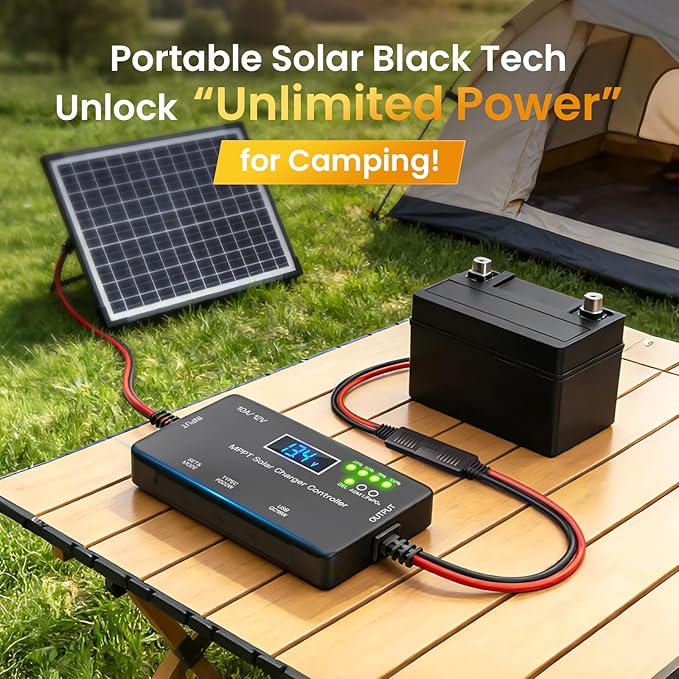 MPPT Solar Charge Controller 12V 10A, with LCD Display & Type-C/USB Output, Compatible with LiFePO4, AGM, Gel Batteries, Zero Battery Drain Technology for Off-Grid Solar System