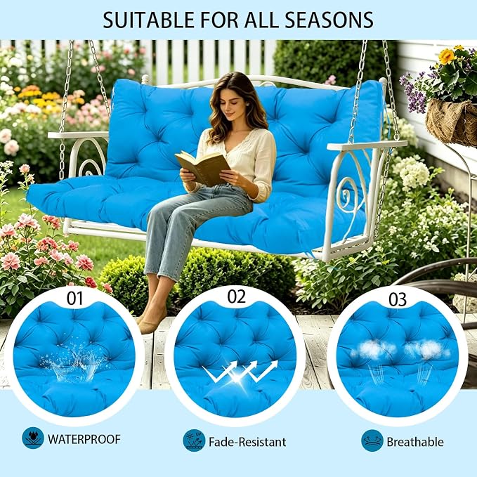 5 Inch Thick Waterproof Patio Porch Swing Cushions, 60x40 Inch 3 Seater Replacement Cushion with Backrest & 8 Ties, Fade-Resistant Outdoor Bench Swing Pad