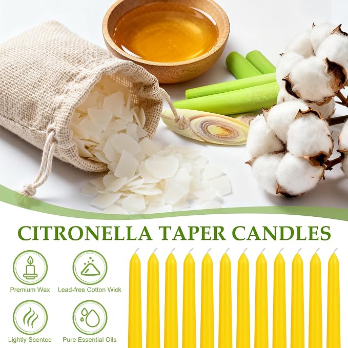 Citronella Taper Candles, 12-Pack 10-Inch Long Candle Sticks, Bulk Dripless Smokeless Tapered Citronella Candles for Dinner, Party, Home Decoration, Holiday, Wedding, Long Slow Burning Taper Candles