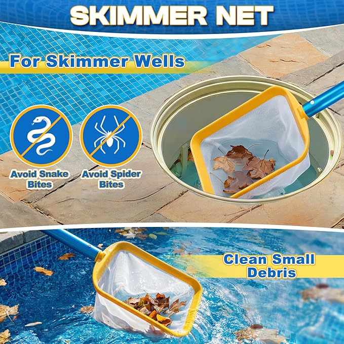 50in 2-in-1 Pool Skimmer Tool with Stainless Steel Hook and Detachable Fine Mesh Net, Includes Skimmer Basket Handle, for Above Ground and Inground Pools