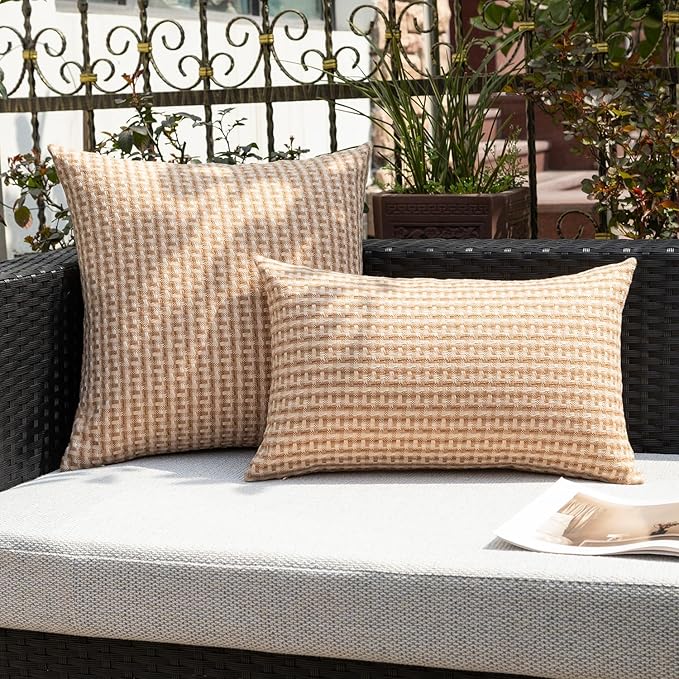 Kevin Textile Outdoor Waterproof Throw Pillow Covers Pack of 2 Boho Farmhouse Decorative Lumbar Cushion Covers for Garden Patio Tent Balcony Bench Couch Sofa 14x24 Inch, Light Brown