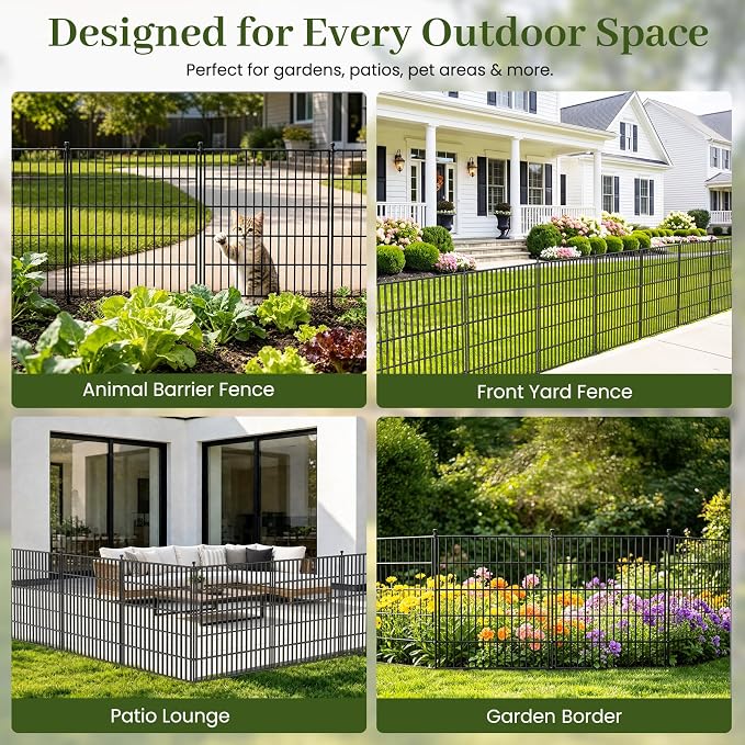 5 Panels No Dig Decorative Outdoor Garden Fence with Gate for Yard, 32 in(H) X 11.8 ft(L) Animal Barrier Fencing Rustproof Metal Wire Panel Border for Dog, Rabbits, and Patio Temporary Ground Stakes