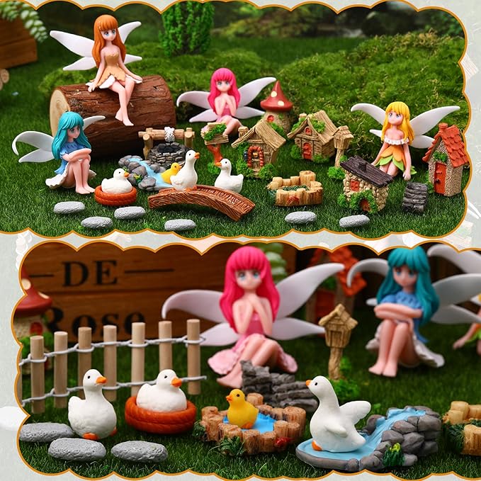 35 Pcs Fairy Garden Accessories Miniatures Garden Kit with Resin Fairies, Duck, Mushroom House & Bridge Miniature Accessories for Terrarium, Dollhouse & Outdoor Decor