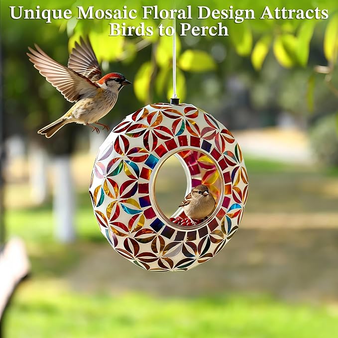 SAVENNA Mosaic Glass Hanging Bird Feeder, 6.3 Inch Handcrafted Outdoor Feeder with Steel Wire Rope, Decorative Garden & Patio Feeder for Wild Birds, Colorful Floral Mosaic Design
