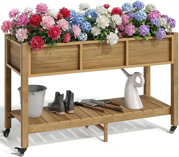 YITAHOME Raised Garden Bed HDPE, 47x18x31In Raised Flower Bed Poly-Wood Weather-Resistant Elevated Planter Box with Lockable Wheels & Storage Shelf for Vegetable Flower, Brown