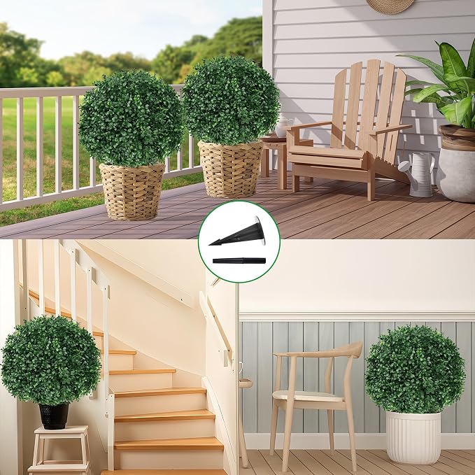 Grooy Artificial Boxwood Topiary Ball Tree with Ground Spike, Set of 4 Artificial Shrub Bushes, Fake Evergreen Tree for Porch, Artificial Plants for Outdoor Planters Indoor UV Resistant