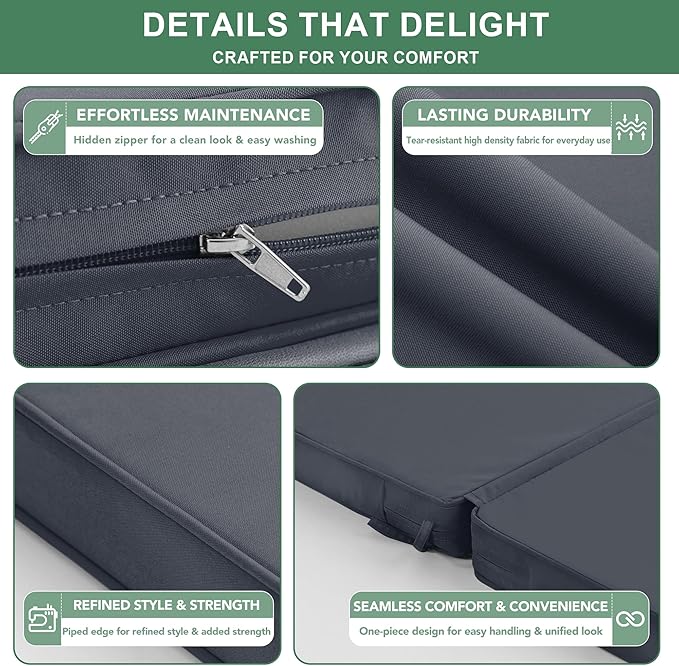 Summsun High Back Outdoor Chair Cushions, Water Resistant Patio Seat Cushion Set with Ties, Removable Covers, Non-Slip Bottom for Garden Lawn Patio Furniture, 44 x 20 Inch, Dark Grey