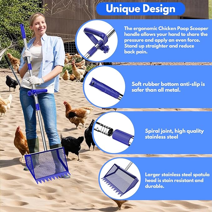 Chicken Poop Scooper Rake 2-in-1,304 Stainless Steel Shovel Head, Chicken Litter Scoop with Handle for Chicken Coop for Sand, Pet Waste Cleaning, Litter Sifting Shovel (35 to 65")