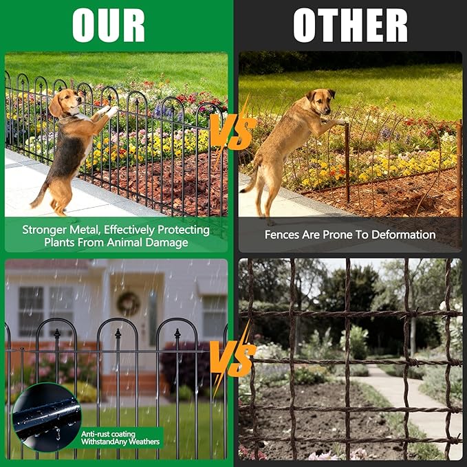 Garden Fence Animal Barrier - 10 Panels, 24 in(H) x 24 ft(L) No Dig Garden Fence, Arched Decorative Garden Fence Border with Ground Stakes, Rustproof Metal Fencing for Yard Patio Dog Rabbit