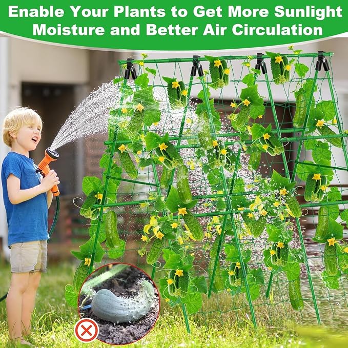 Garvee Outdoor Plant Support Trellis, 4 ft x 4 ft Metal A-Frame with Netting for Tomatoes Cucumbers Peas Beans Grapes, Climbing Vegetable Garden Trellis for Raised Beds, Green