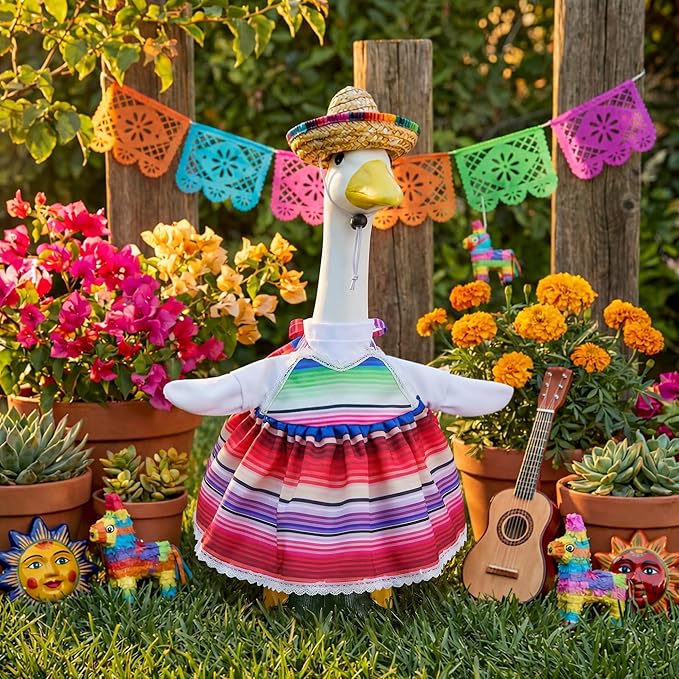 Watayo 2 Pcs/Set Mexican Porch Goose Outfits, Lawn Goose Clothing Costume for Cinco De Mayo, Garden Goose Clothes Striped Dress Mexican Sombrero for 23" High Statue Outdoor Patio Yard Decor (B Style)