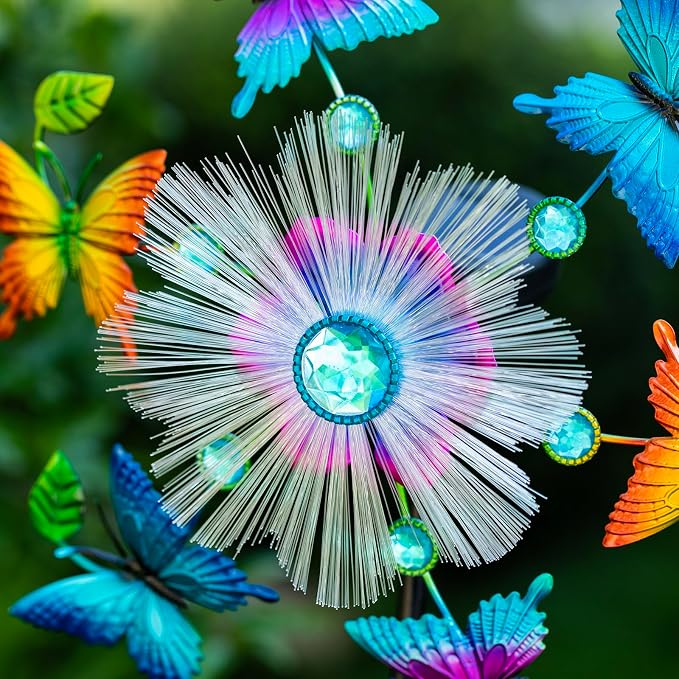 44" Butterfly Wind Spinners Garden Whirligigs, Solar Flower Butterfly Wind Sculpture Yard Art Decorations for Lawn, Patio & Yard & Garden Decor, Metal Wind Spinners Outdoor Decor