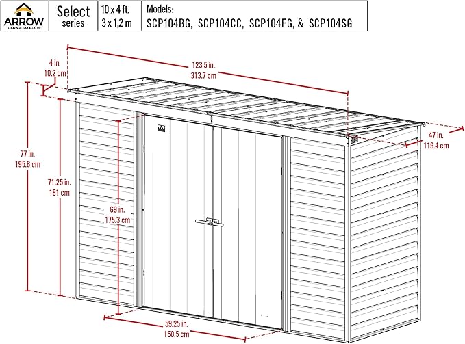 Arrow Select 10' x 4' Outdoor Lockable Steel Storage Shed Building, Flute Grey