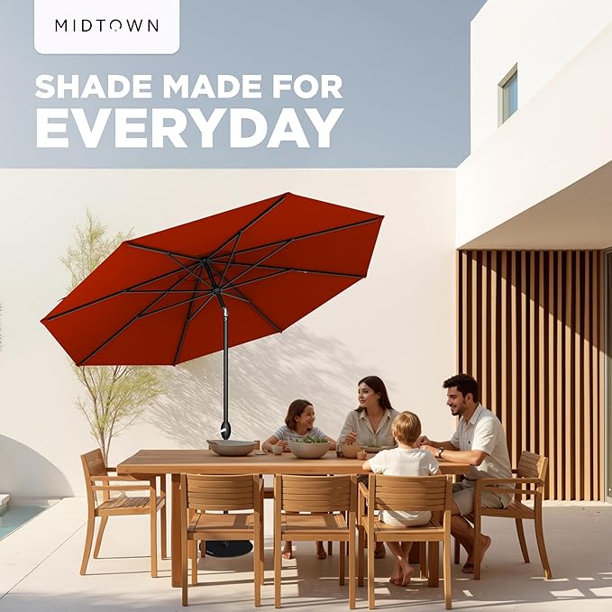Midtown Umbrellas - 10-Year-No-Fade 10 Ft Patio Umbrella with Terylast Fabric, Auto-Tilt Aluminum Frame and 8 Reinforced Ribs for Deck, Pool, Garden & Beach - Apple Red Canopy, Black Pole
