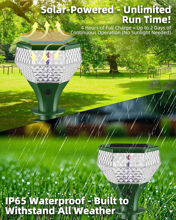 Extra Large Solar Powered Mole Repellent, 3X Size& Coverage, Vibration& Ultrasonic Repeller with Color LED Night Light, Repels All Animal Repellent Outdoor
