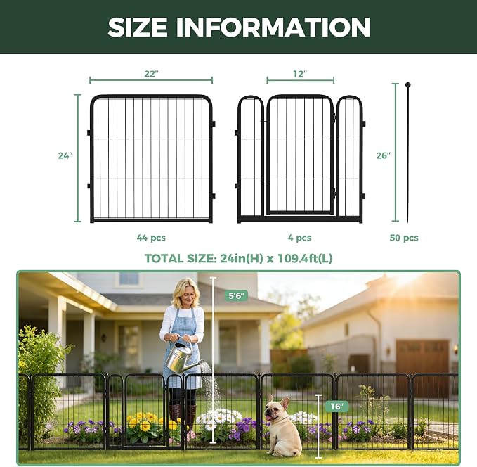FXW Garden Fence Outdoor for the Yard – 24in(H) x 91.3ft(L) Heavy Duty Metal Animal Barrier for Dog, No Dig Decorative Dog Fence, 48 Panels, Black