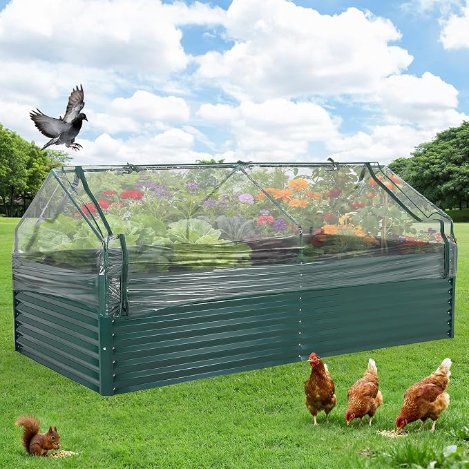 Garvee Galvanized Raised Garden Bed Large Rectangular Kit with Cover Zippered Screen Doors, Open Base Design, Thick Steel, Easy Assembly, Planter Box for Vegetables, Flowers (Dark Green, 8x4x2 ft)