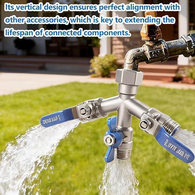 304 Stainless Steel Garden Hose Splitter 3 Way Heavy Duty, Full Flow Y Valve Water Hose Splitter With Large Handle, Lead-free，3/4" GHT Thread Connector For Outdoor Spigot Faucet