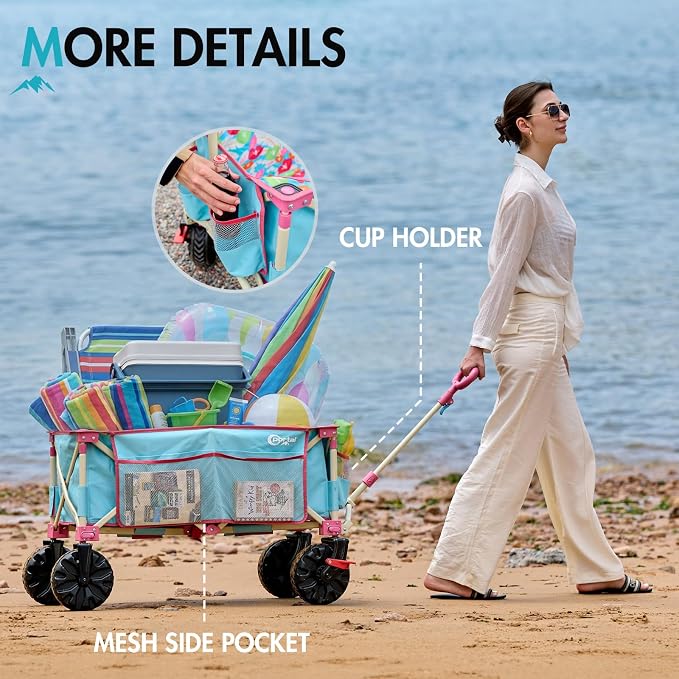 Portal Large Collapsible Wagons Carts, 450 LBs Heavy Duty Beach Wagon with Big Wheels, Foldable Wagon for Beach, Camping, Sports, Grocery