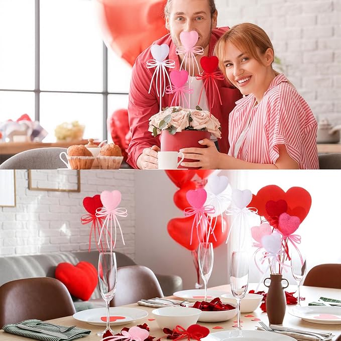 60 Pcs Valentine's Day Heart Picks Red Pink Foam Picks Valentine Heart Puffy Sticks for Tree Flower Arrangements Bouquet Wedding Table Centerpiece Vase Filler Home Decorations