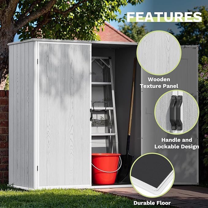 Devoko 5x3 FT Resin Storage Shed with Floor, Plastic Outdoor Storage Cabinet with Lockable Door, Waterproof Vertical Tool Small Shed for Patio Garden Backyard, Light Gray