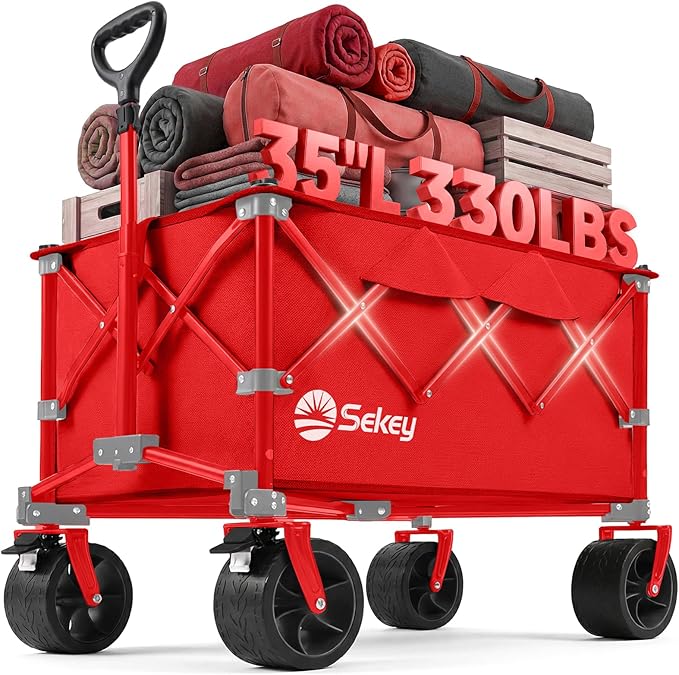 Sekey 150L Wagons Carts Foldable with Big All-Terrian Beach Wheels, Collapsible Heavy Duty Wagon, Extra Large Folding Wagon, Foldable Wagon for Camping, Garden, Sports. Red