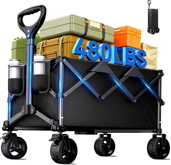 Collapsible Wagon Cart, 480lbs Heavy Duty Beach Wagon with All-Terrain Universal Wheels & Adjustable Handle, Portable Utility Wagons Carts for Camping, Garden, Grocery, Fishing & Sports